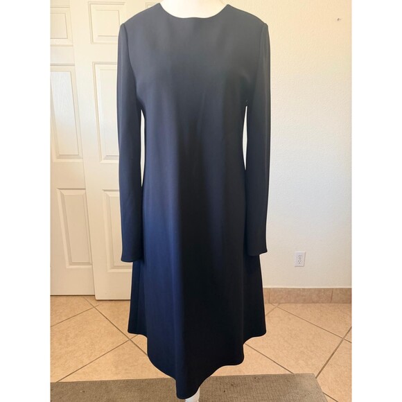 Lafayette 148 New York Pleated A-Line Black MIDI Dress Size M Classic Minimalist - Picture 2 of 16